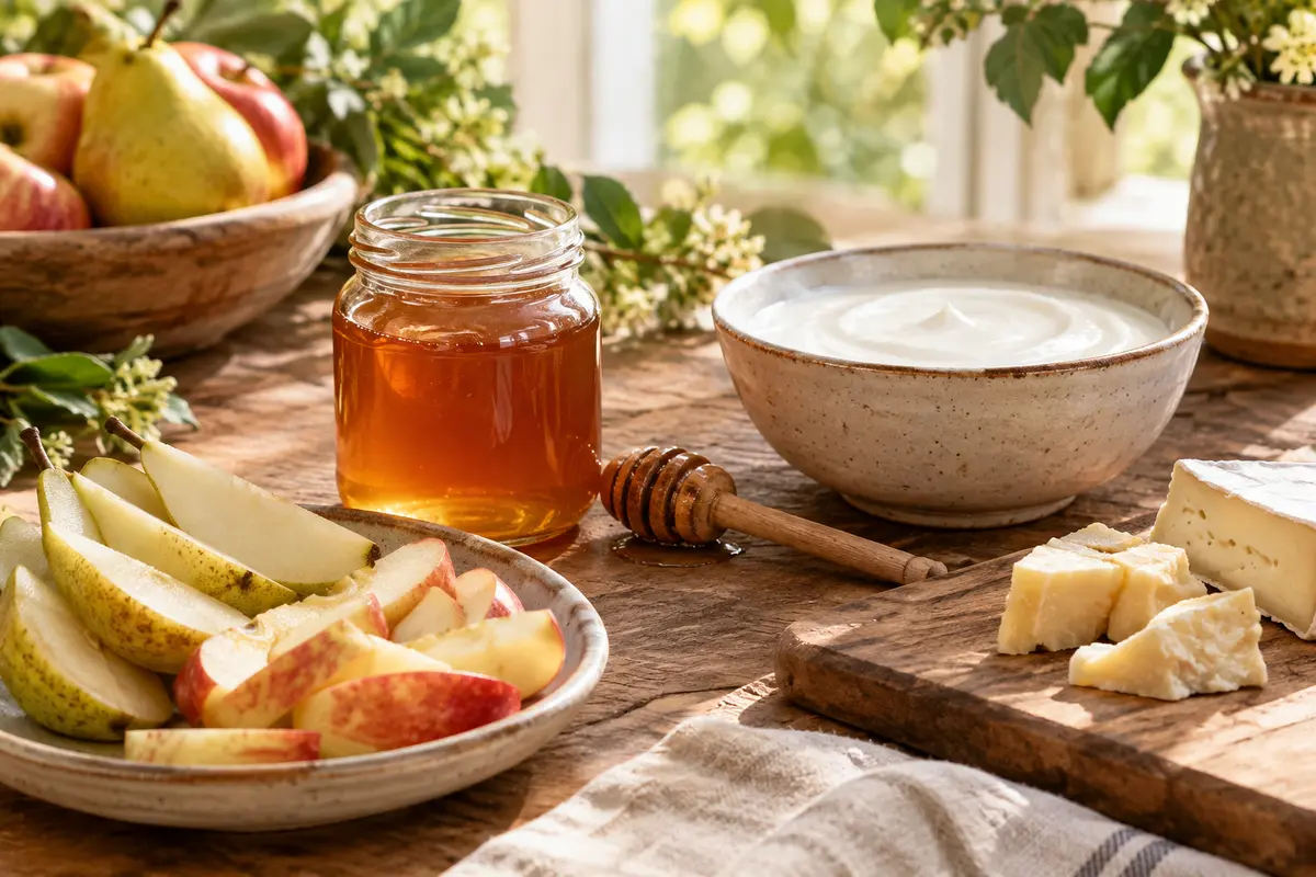 Pot de miel de tilleul avec poire, pomme, yaourt nature et fromages pour une dégustation d’accords