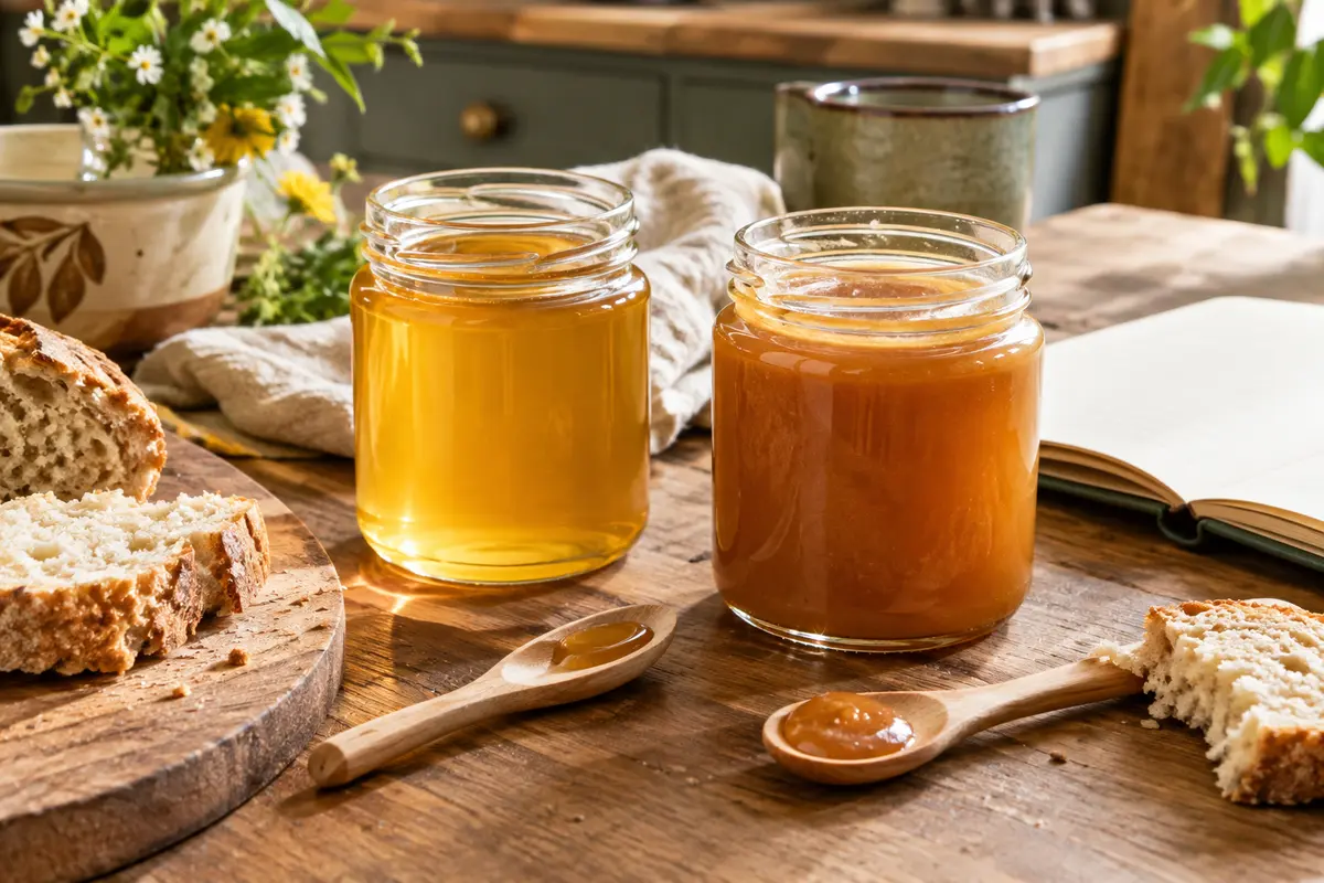 Deux pots de miel de couleurs et textures différentes présentés pour une dégustation comparative