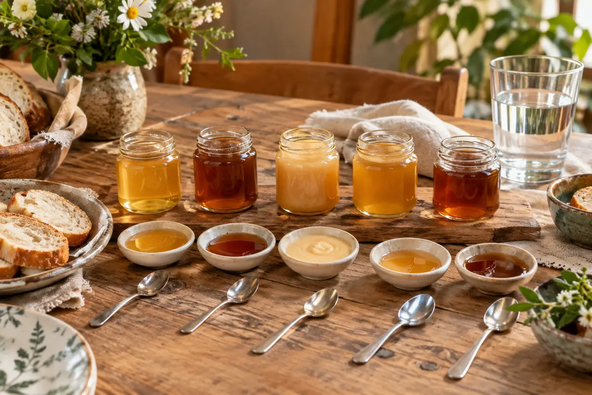 Petites portions de plusieurs miels avec cuillères individuelles, pain et verre d’eau sur une table