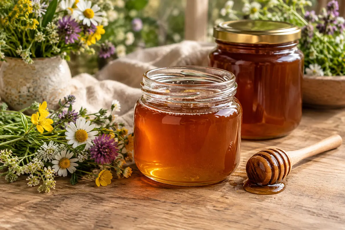 Deux pots de miel accompagnés d’une cuillère et de fleurs, pour évoquer les origines florales variées.