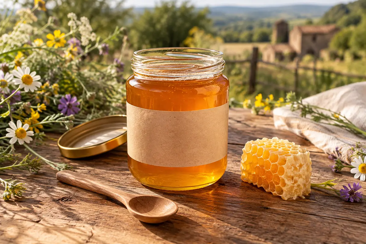 Pot de miel en verre avec couvercle et cire d’abeille, évoquant l’étiquette et l’origine de la récolte.