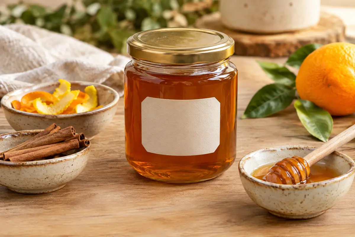 Pot de miel ambré avec cannelle, zestes d’agrumes et petits bols d’ingrédients aromatiques