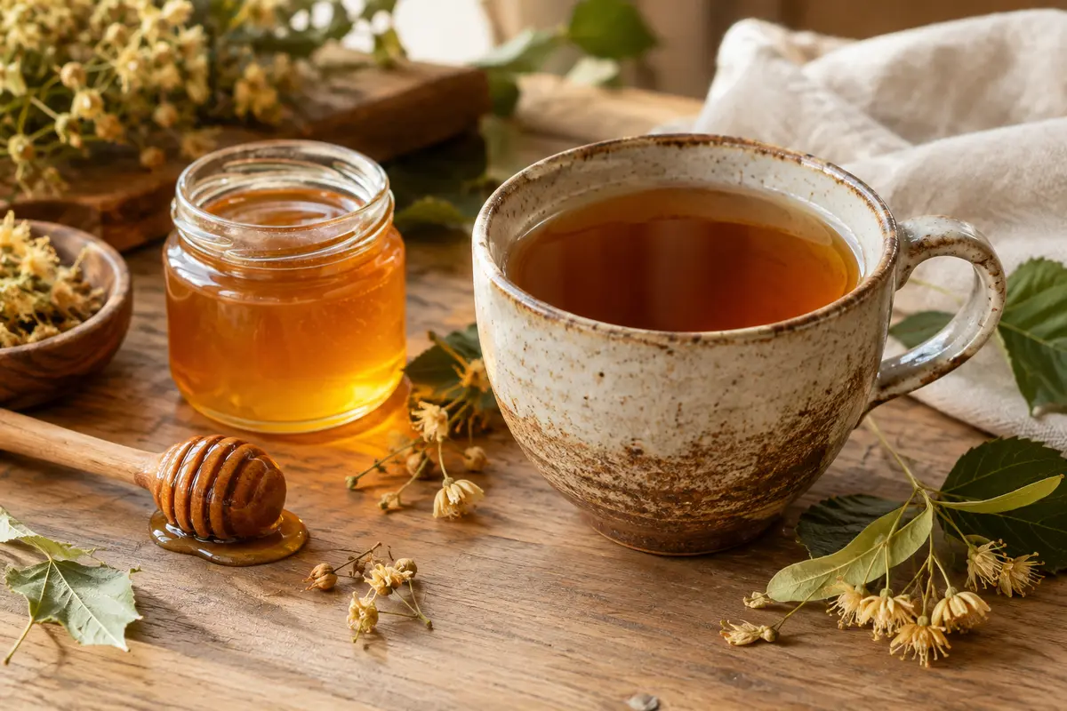Tasse de thé chaud, pot de miel ouvert et cuillère en bois dans une ambiance de dégustation