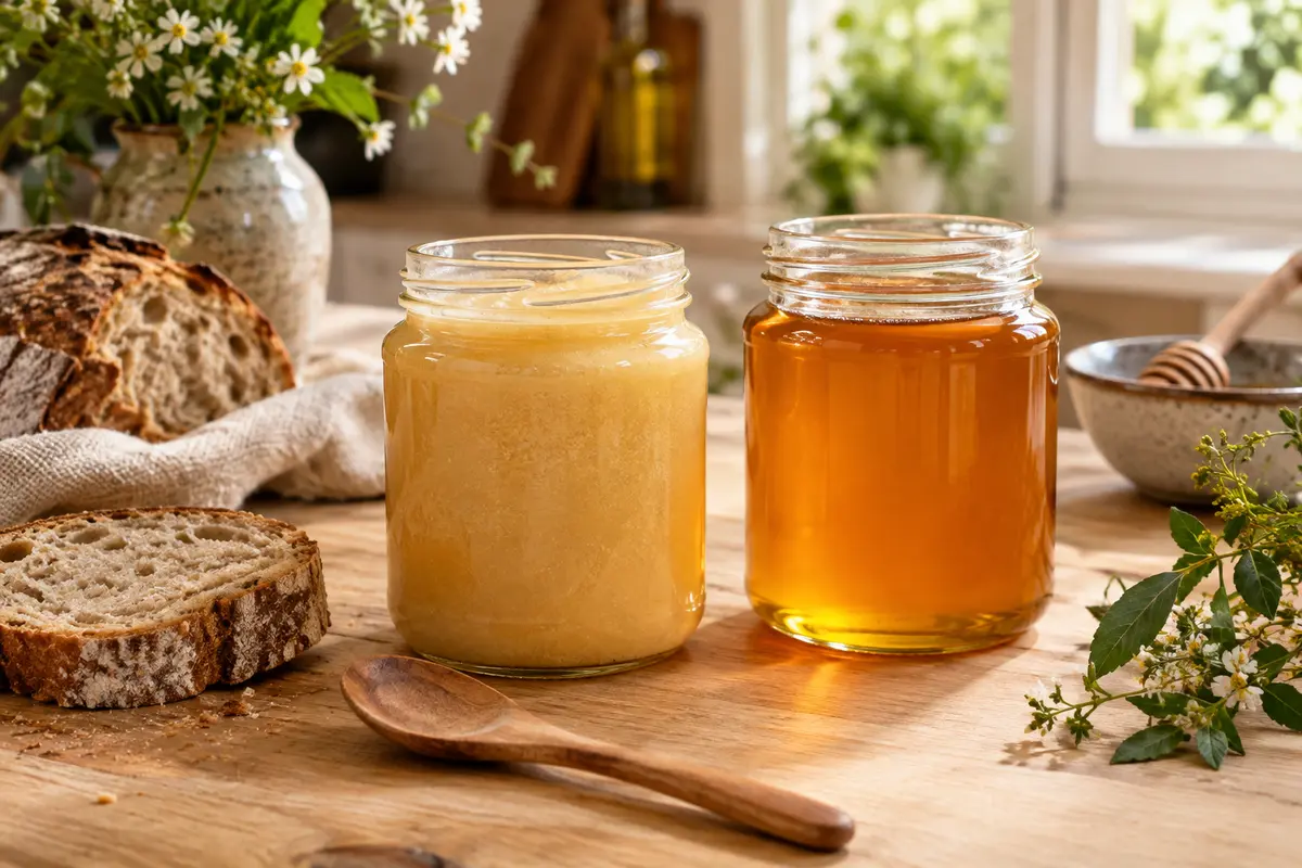 Deux pots de miel, l’un crémeux et tartinable, l’autre liquide et doré, posés sur une table en bois