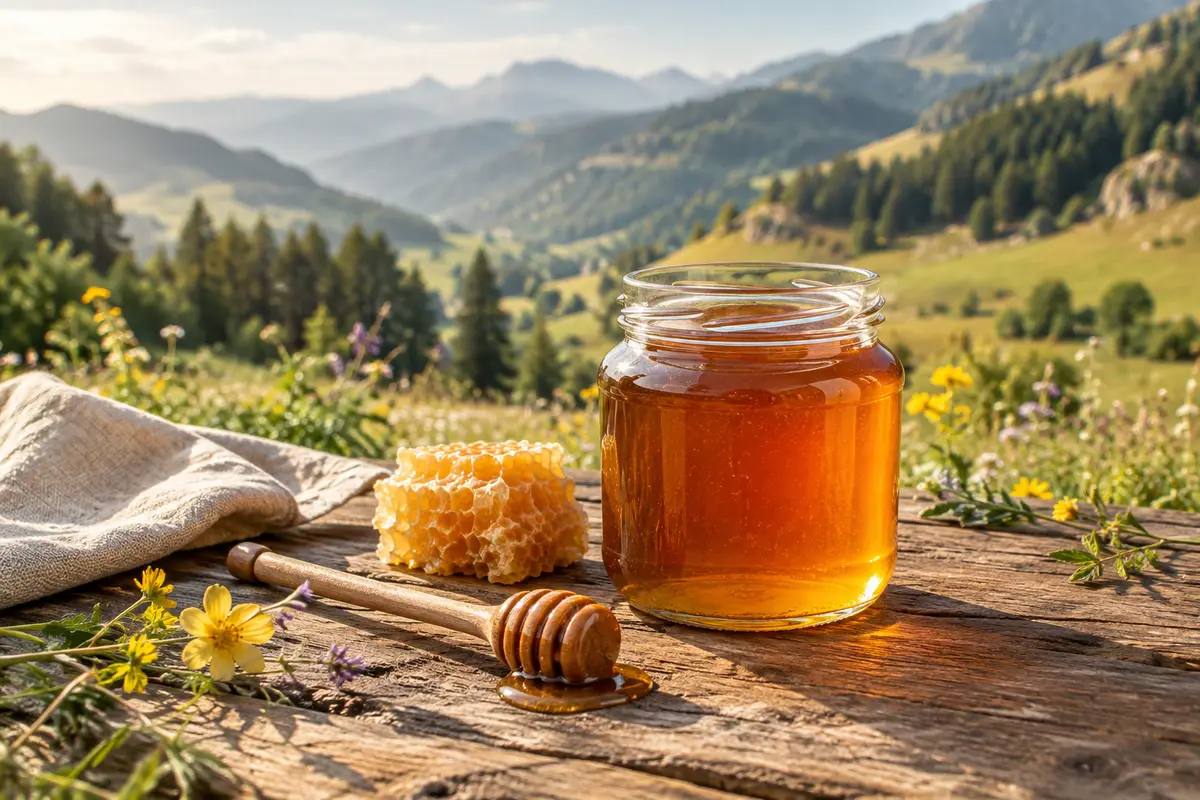 Pot de miel ambré et rayon de cire devant un paysage de montagne aux prairies fleuries