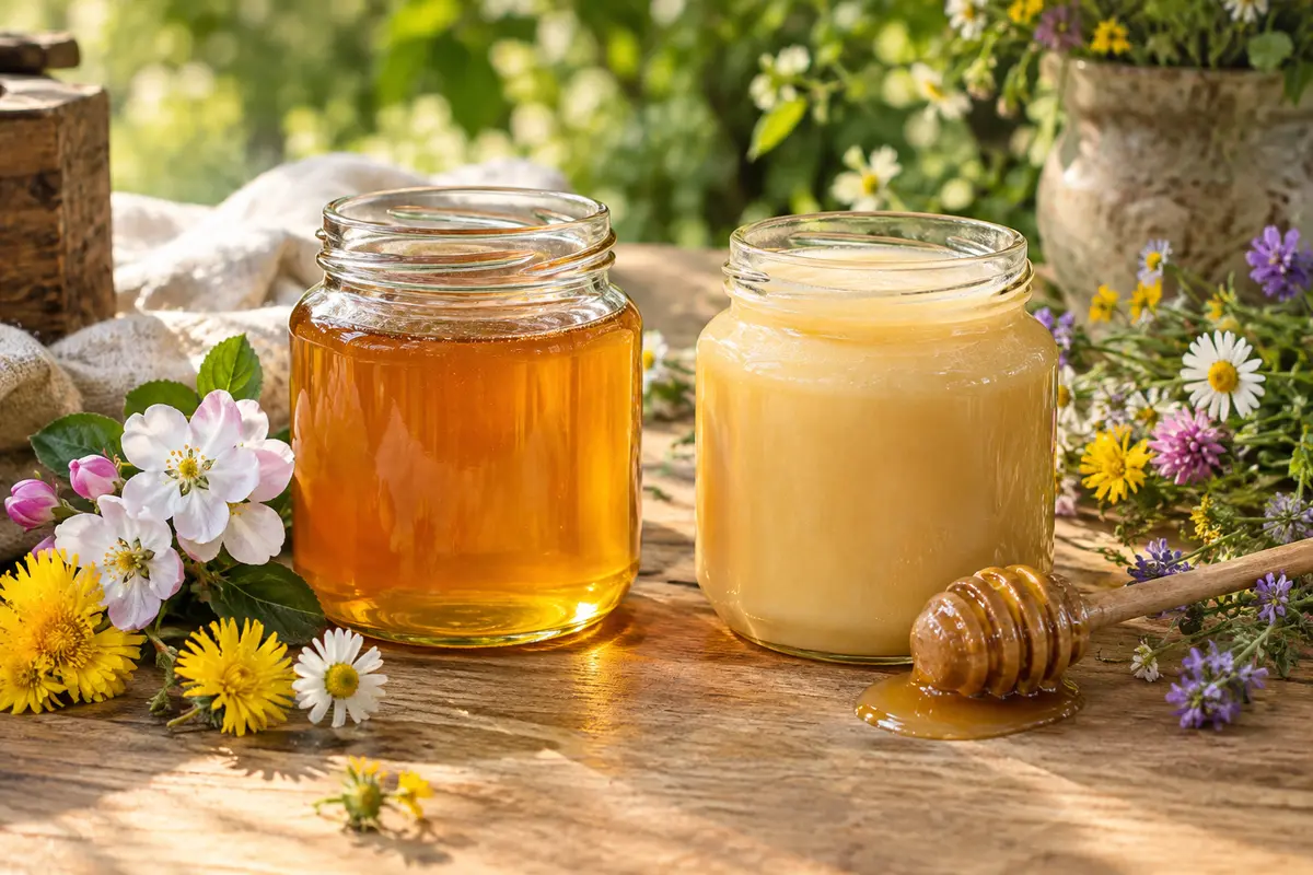 Deux pots de miel aux teintes et textures différentes, entourés de fleurs de printemps et d’été sur une table en bois.