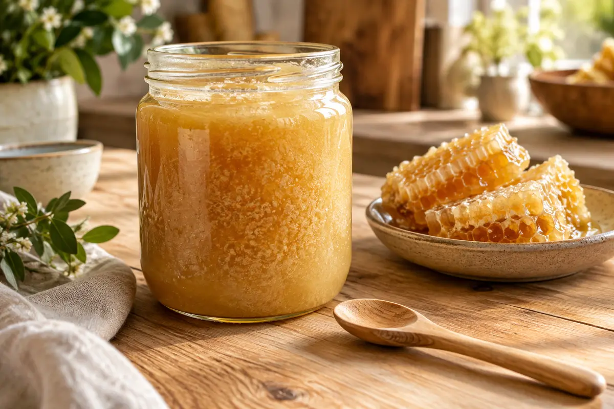 Pot de miel cristallisé à la texture opaque et granuleuse posé sur une table en bois clair