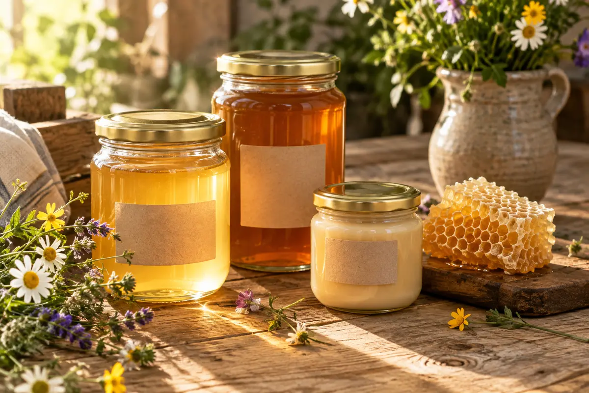 Pots de miel de formats et de textures différents, avec un morceau de rayon de cire sur une table