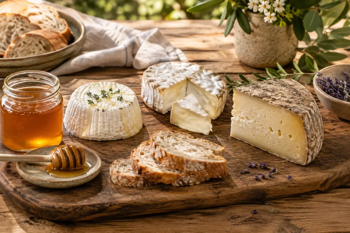 Miel de lavande servi à part d’un plateau de fromages frais, pâte molle et tomme