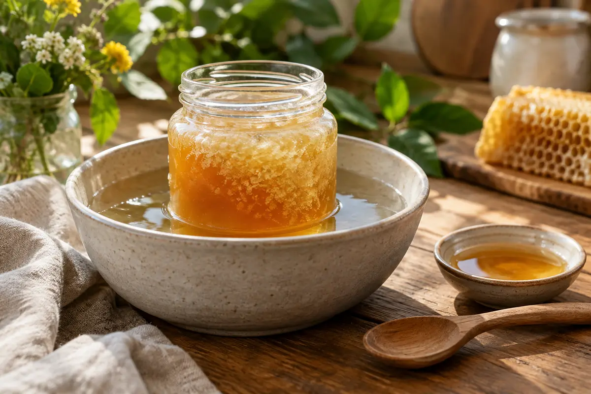 Pot de miel cristallisé dans un bain-marie tiède, avec une cuillère et une coupelle de miel