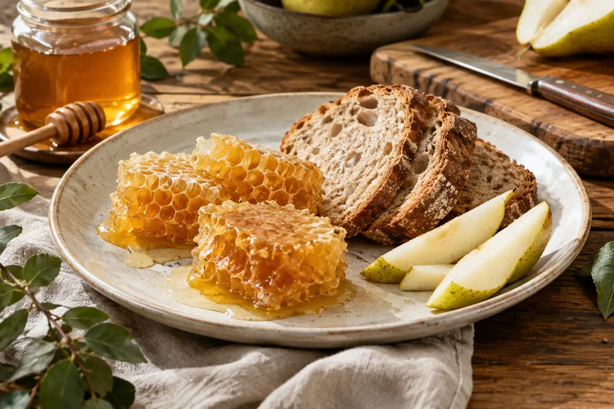Portions de miel en rayon sur une assiette à rebord, avec pain, poire et couteau de découpe
