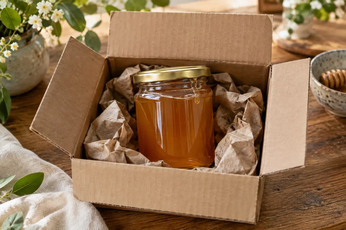 Pot de miel dans un carton ouvert, avec calage en papier et une trace collante près du couvercle.
