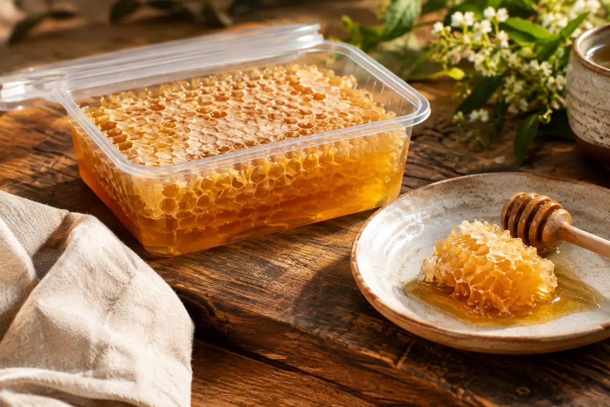 Barquette de miel d’acacia italien avec ses alvéoles de cire dorées, posée sur une planche en bois.