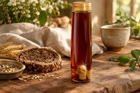 Distributeur de miel de forêt foncé posé près d’une tranche de pain aux céréales