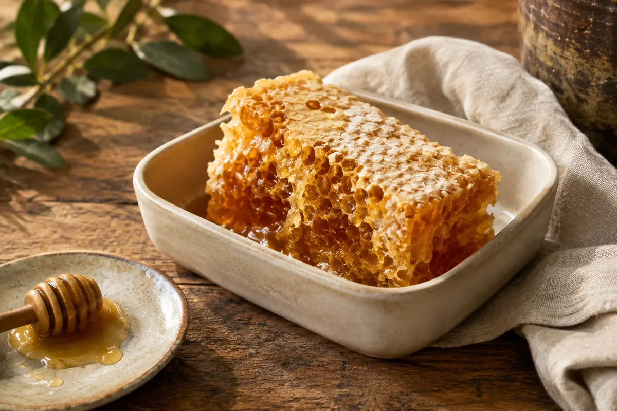 Morceau de miel ambré en alvéoles de cire naturelle posé sur une assiette en céramique
