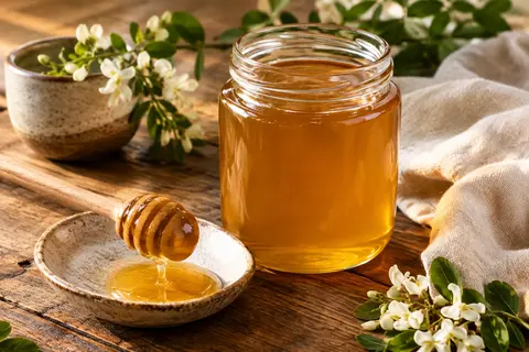 Miel d’acacia liquide dans un récipient en verre, accompagné d’une cuillère en bois sur une table patinée.