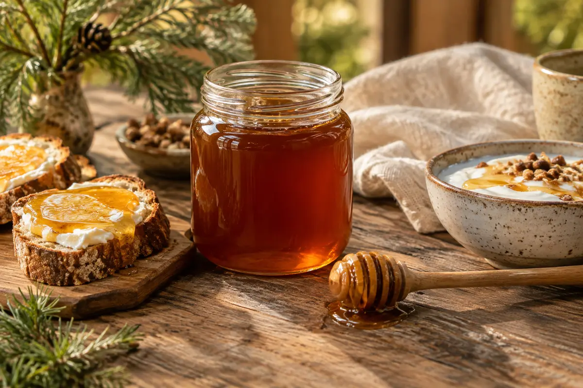 Pot de miel de sapin grec ambré présenté avec du pain grillé et une cuillère en bois