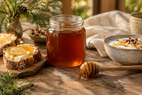Pot de miel de sapin grec ambré présenté avec du pain grillé et une cuillère en bois