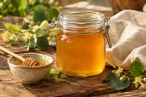Pot de miel de tilleul doré posé sur du bois patiné, avec du lin écru et des feuilles de tilleul