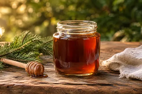 Pot de miel de sapin ambré posé sur du bois patiné avec une cuillère et du lin écru