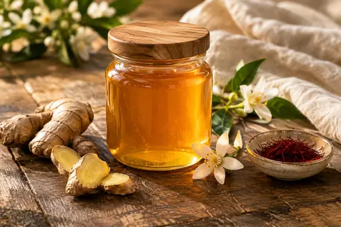 Pot de miel de fleur d’oranger fermé, entouré de gingembre frais, de safran et de fleurs d’oranger sur du bois