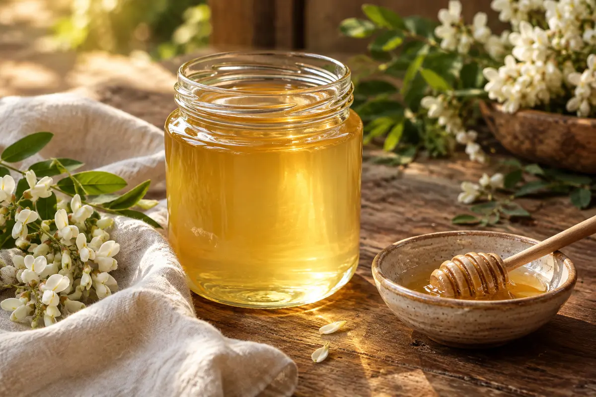 Pot de miel d’acacia liquide et très clair posé sur du bois patiné, avec du lin écru et une coupelle en céramique.