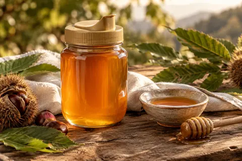Pot de miel de châtaignier ambré avec bouchon doseur, posé sur du bois près de feuilles de châtaignier