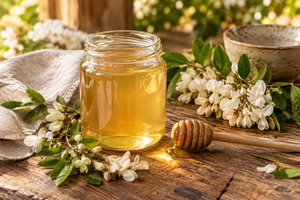 Pot en verre de miel d’acacia clair posé sur du bois patiné, avec du lin écru et des fleurs blanches.