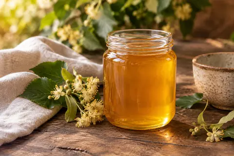 Pot en verre de miel de tilleul ambré posé sur du bois patiné près d’un linge écru et de fleurs