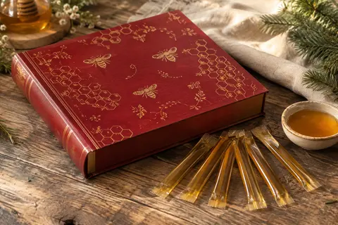 Coffret calendrier de l’Avent rouge fermé, décoré d’abeilles, avec des sticks de miel individuels posés devant
