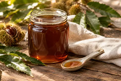Pot de miel de châtaignier sombre sur du lin écru, accompagné d’une cuillère et de feuilles