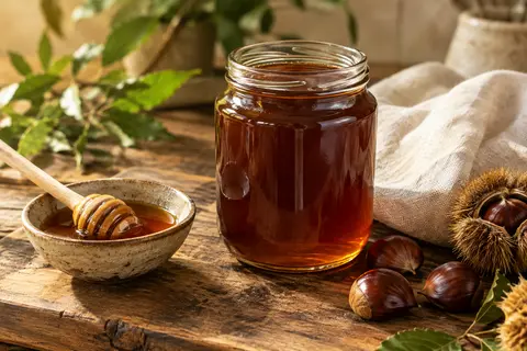 Pot de miel de châtaignier liquide brun foncé posé sur du bois patiné avec du lin écru