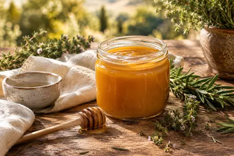 Pot de miel de garrigue crémeux posé sur du bois patiné et du lin écru, avec thym et romarin.