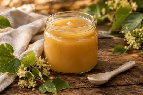 Pot de miel de tilleul crémeux posé sur du bois patiné avec des feuilles de tilleul