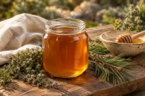 Pot en verre de miel ambré de forêt crétois au pin et au thym, posé sur du bois patiné.