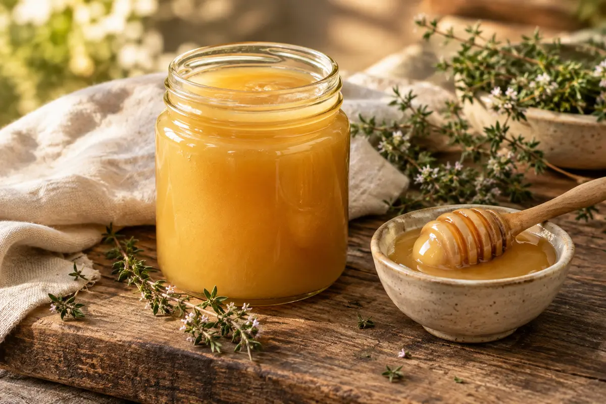Pot de miel de thym doré posé sur du bois, près d’un linge de lin, de brins de thym et d’une coupelle avec une cuillère à miel