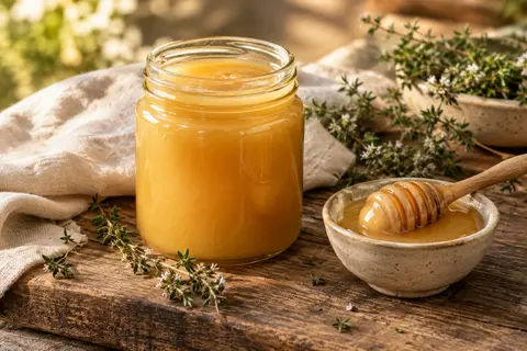 Pot de miel de thym doré posé sur du bois, près d’un linge de lin, de brins de thym et d’une coupelle avec une cuillère à miel