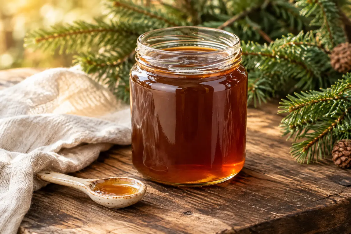 Pot de miel de sapin ambré sur du bois patiné, avec lin écru et branches de sapin