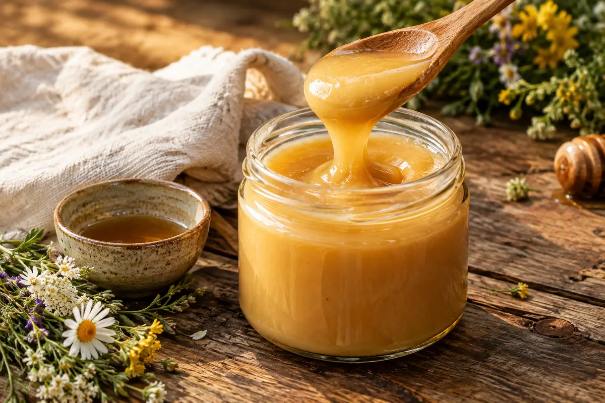 Miel crémeux de fleurs sauvages à la texture onctueuse, servi dans un contenant sobre sur du bois
