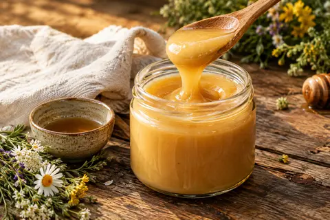 Miel crémeux de fleurs sauvages à la texture onctueuse, servi dans un contenant sobre sur du bois