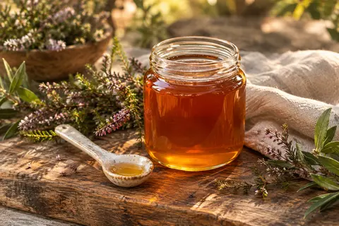 Pot en verre de miel de bruyère ambré posé sur du bois patiné, avec une cuillère en céramique et des brins de bruyère