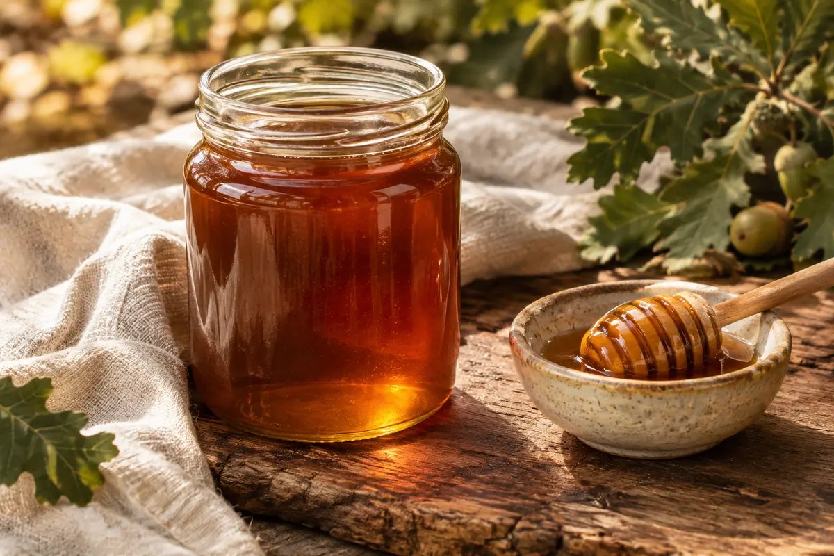 Miel de forêt de chêne noir dans un contenant en verre, posé sur du bois avec du lin écru et une coupelle