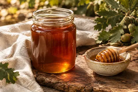 Miel de forêt de chêne noir dans un contenant en verre, posé sur du bois avec du lin écru et une coupelle