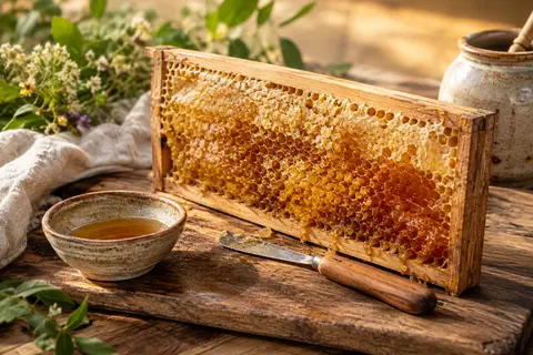 Rayon de miel doré de fleurs sauvages présenté dans son cadre en bois sur une planche rustique.