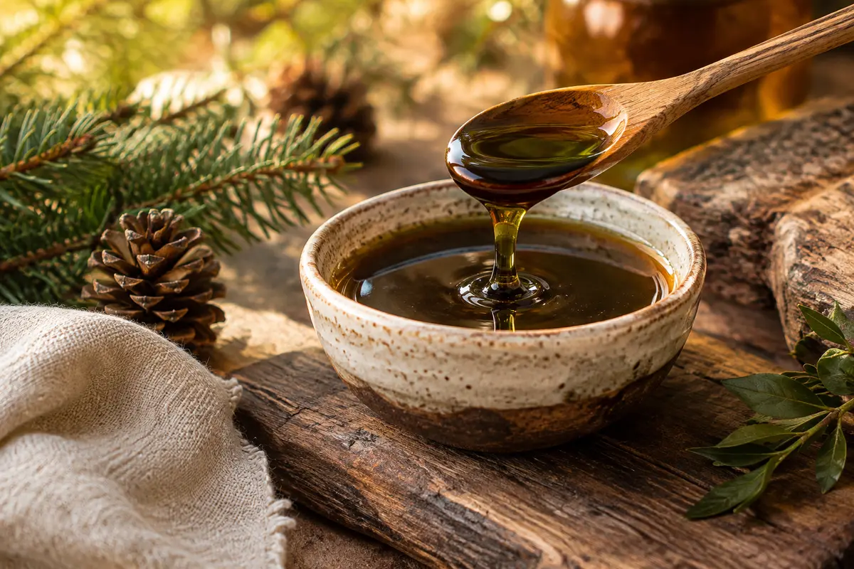 Miel de sapin brun-noir dans une coupelle en céramique, posé sur du lin écru et du bois patiné.