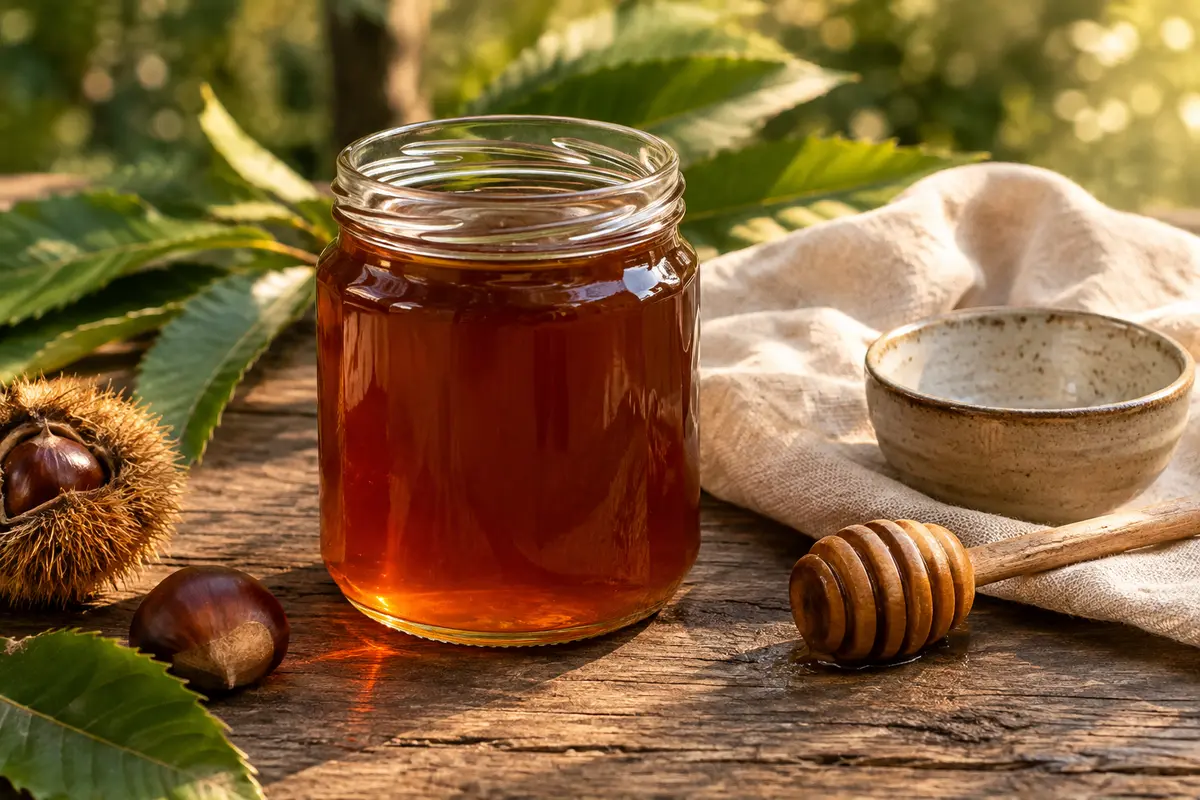 Pot de miel de châtaignier brun ambré posé sur du bois patiné, avec du lin écru et des feuilles