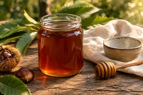 Pot de miel de châtaignier brun ambré posé sur du bois patiné, avec du lin écru et des feuilles