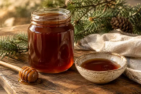 Pot de miel de sapin rouge grec brun foncé posé sur du bois patiné, avec une coupelle en céramique.