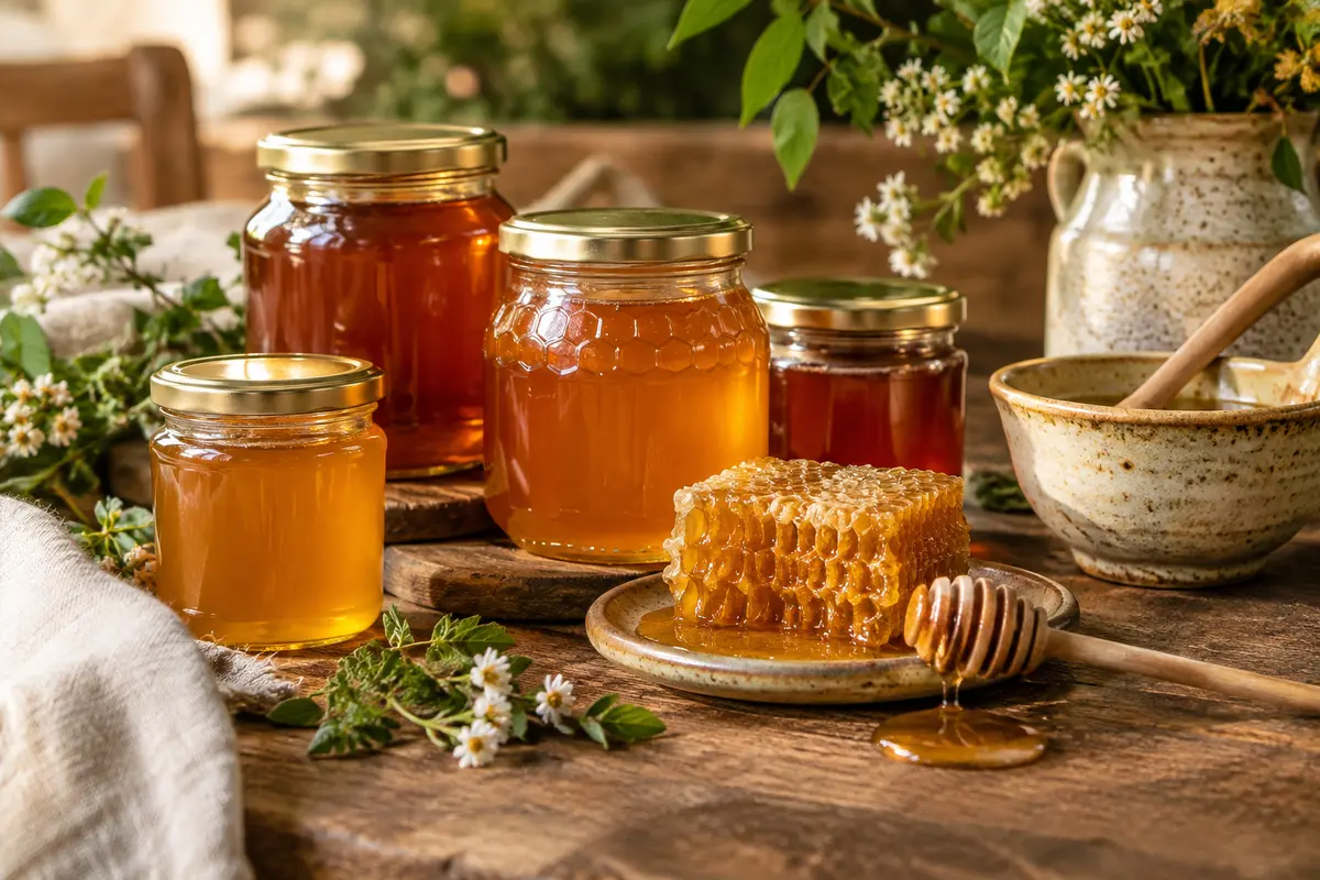Pots de miel de producteurs et morceau de rayon dans une composition chaleureuse